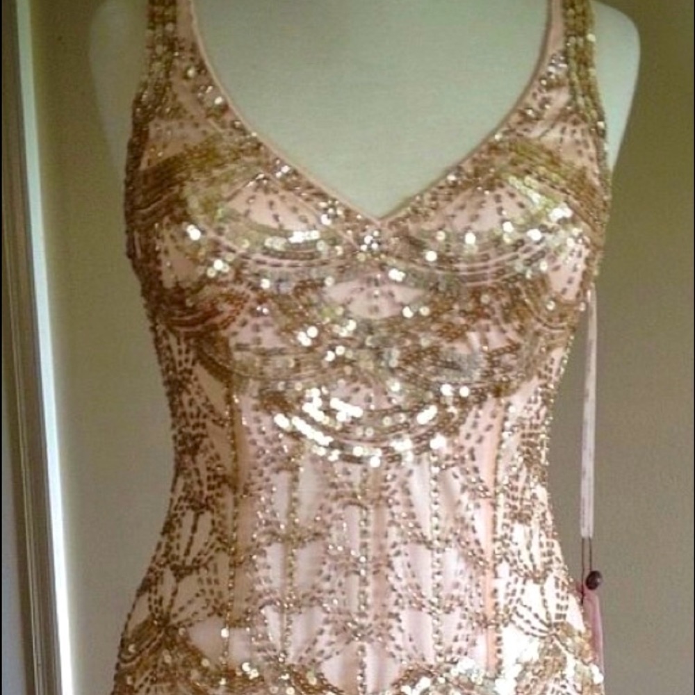 SUE WONG NOCTURNE Collection Sequined Feathered Dress - Size 6